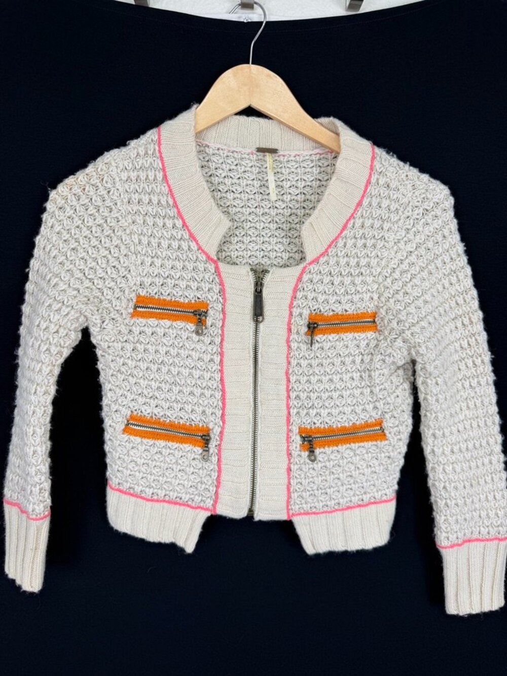 Free People Ski Patrol Wool Zip Sweater Cardigan‎ Cream Neon Pink Orange Small